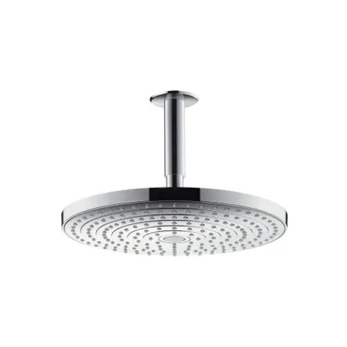 Chromfarbene Kopfbrause mit runder Form und Deckenanschluss. Das Produkt von Hansgrohe verfügt über mehrere Sprühströme, sichtbar durch die kleinen Düsen auf der Oberfläche.